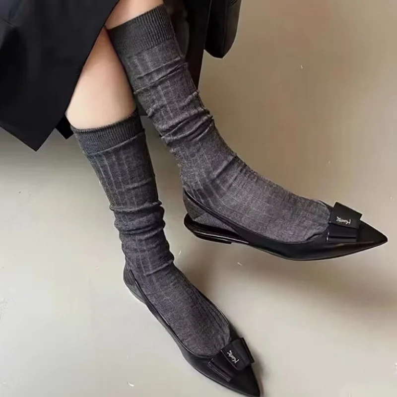 

Miu Vertical Stripes Breathable Thin Mid-Calf Length Socks White Korean Style Simple All-Match And Sweet Japanese Style Pile Sty