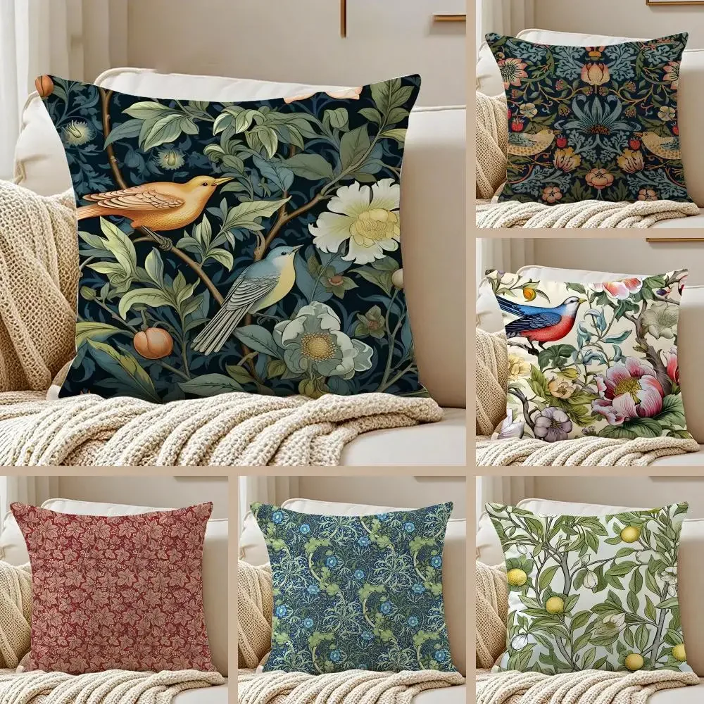 W-William Morris Cushion Cover Pillowcase Anti-dustmite Invisible Zipper Short Plush Sofa Cushion