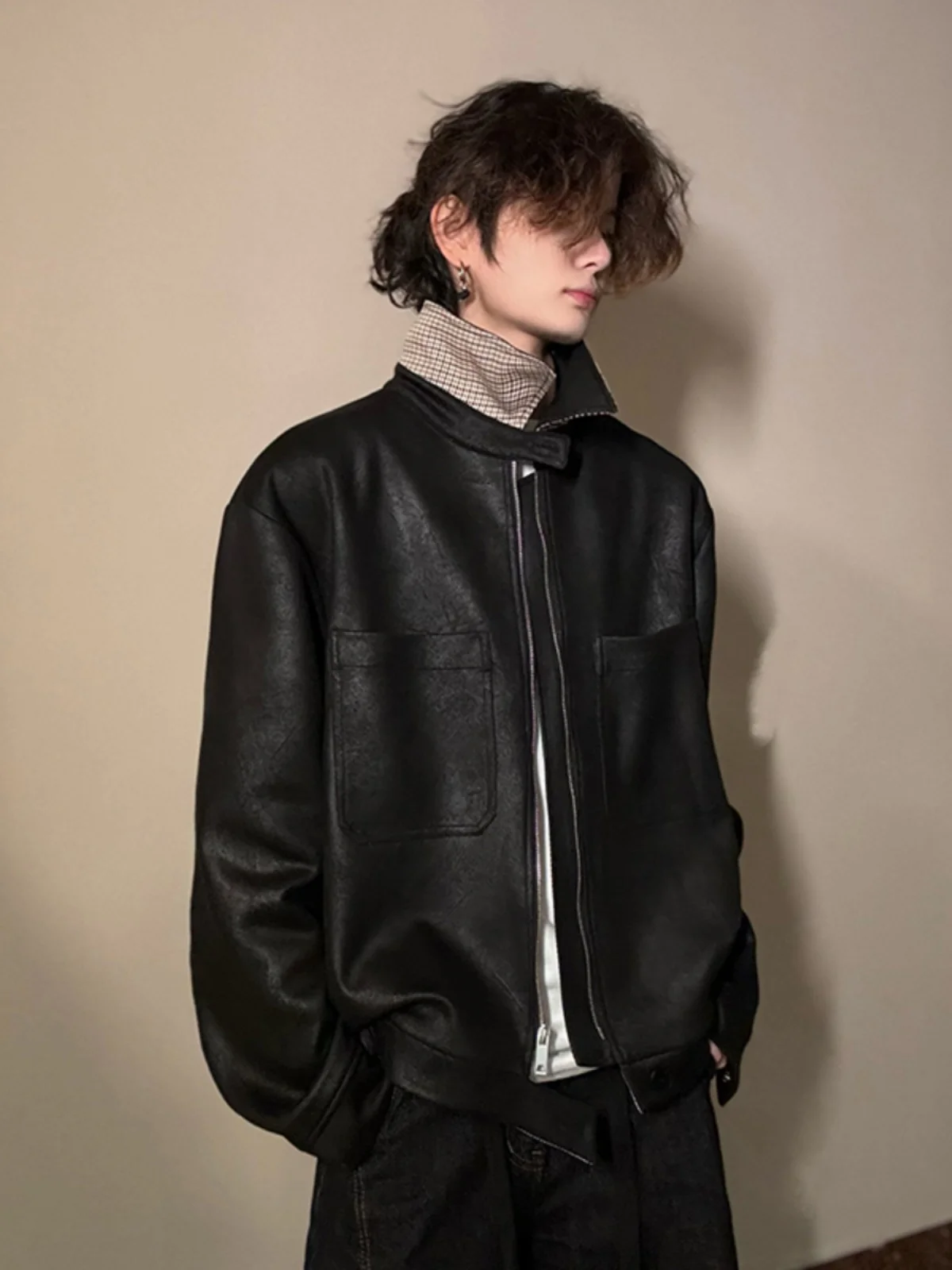 

Bla PU Leather Jaet Men's ort Sle Spring Autumn Cleanfit Design Cheered Inner Stand Fit Youth ular Outerwear