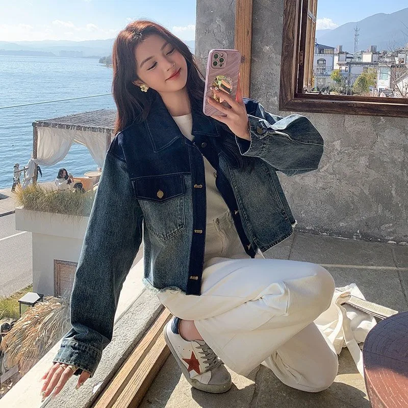 

Женская укороченная джинсовая куртка-блузка в стиле ретро, двухцветная, свободного кроя, в гонконгском стиле, для невысоких, весна-осень, новая, удобная, повседневная