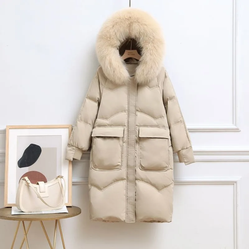 2023 neue Frauen Daunen Baumwoll mantel Winter jacke weibliche mittellange Version Parkas lose dicke Outwear Kapuze Pelz Colla Mantel