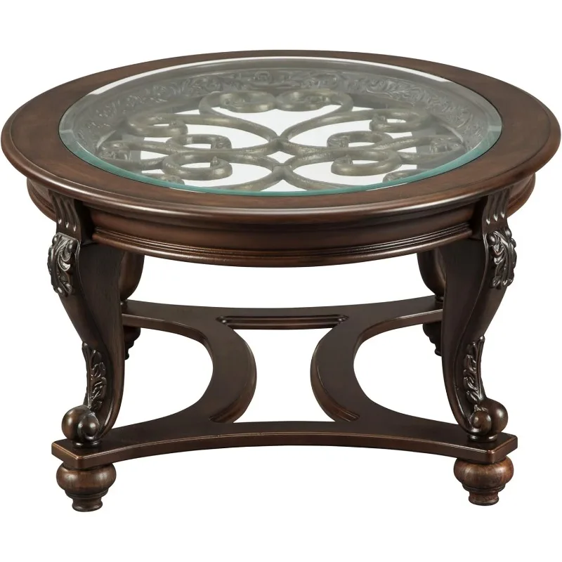 Table basse narvintage avec dessus en verre biseauté et pieds de défilement, marron foncé