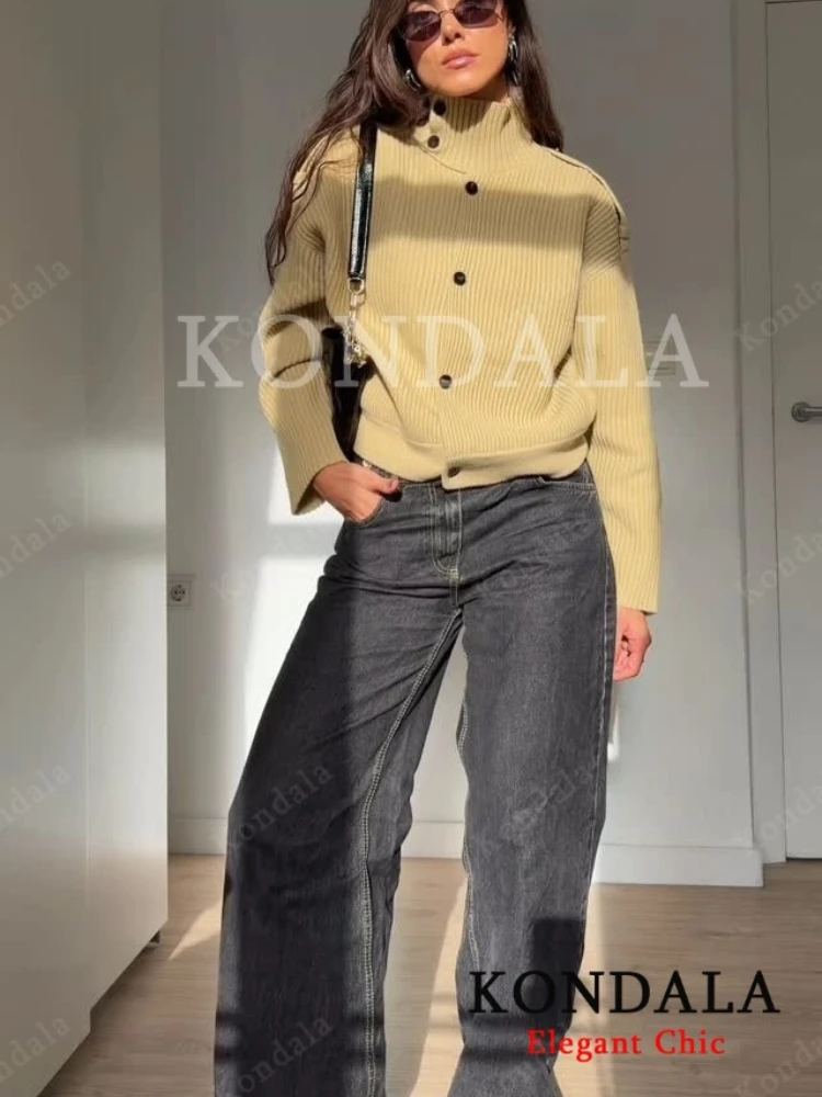 KONDALA 女性クリスマスパーティーカーディガンタートルネックニットセーターボタンセータートップス 2025 春秋ファッションオフィスレディトップス