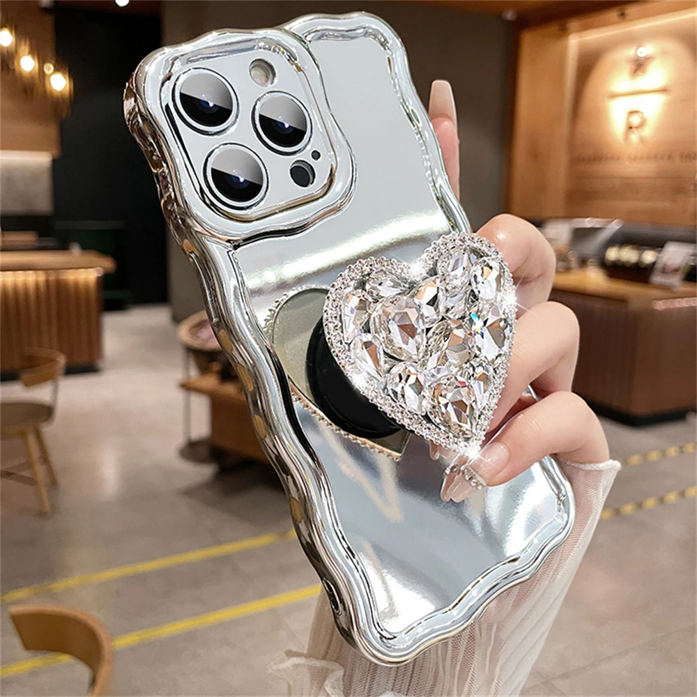 Luxury Plating Mirror Diamond Love Heart Stand Holder Wavy Case For iphone 12 13 14 15 Pro Max 14 15 Plus 11 Shockproof Cover