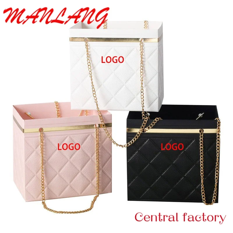 Custom  Luxury Square Gift Box Fold Flower Packaging Paper Bag Boxes Rose Bouquets Flowers Boxes With Chain