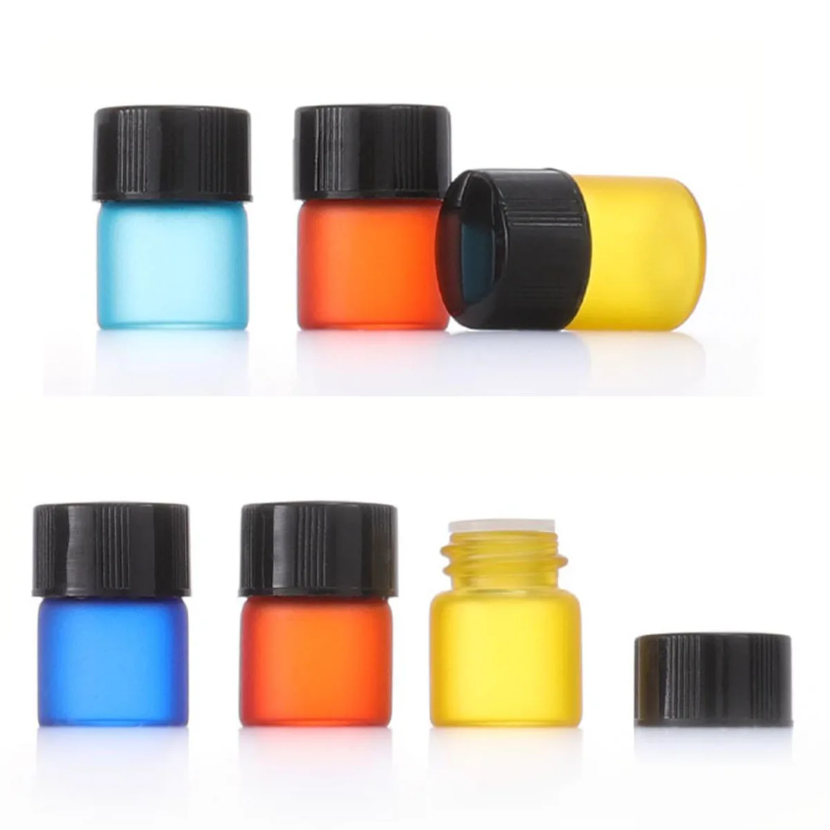 10X 1ml MIX Matte Color Glass Essential Oil Bottle Orifice Reducer cap Drum Lids Frosted Sample Size Portable Refillable