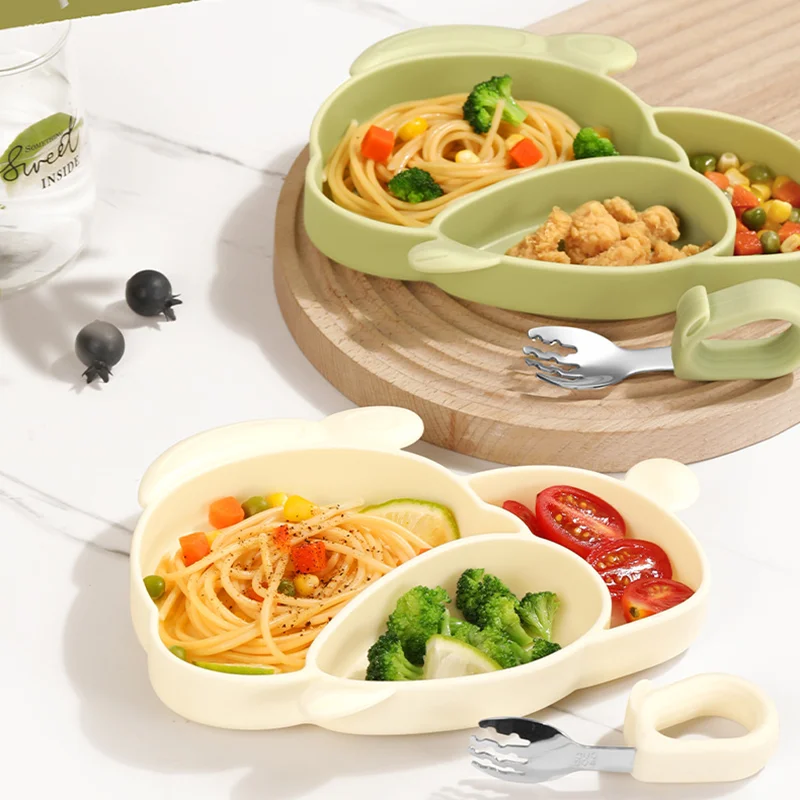 

Instock 3pcs/set Silicone Tableware Dishes Spoon set For Baby Waterproof Stainless steel spoon set Silicone food tray sucker set