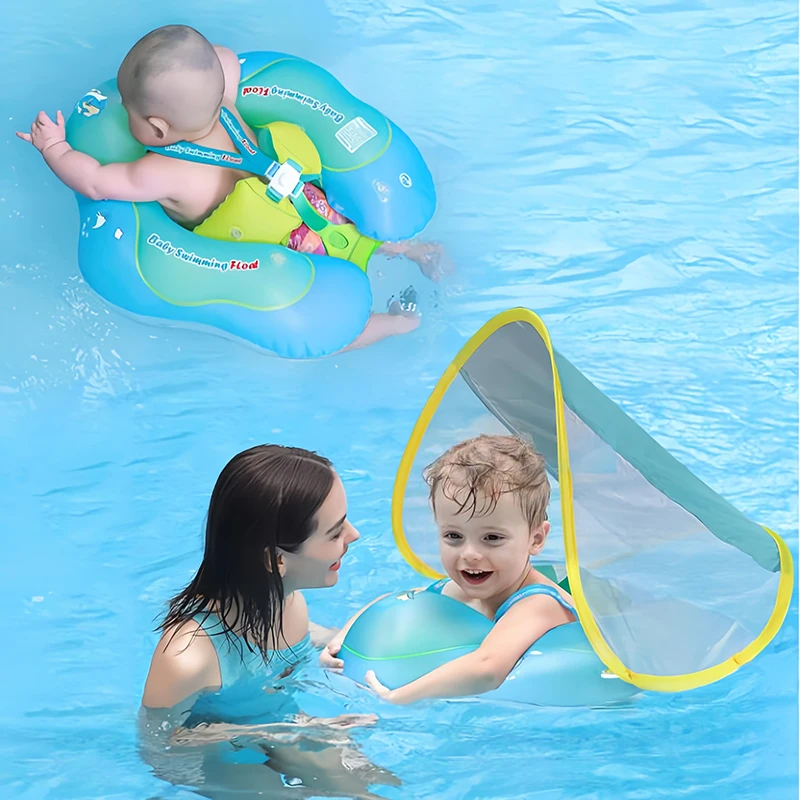 Inflatable Baby Swimming Float with Sun Canopy Kids Swimming Ring Baby Pool Float Safety Swim Trainer for Age of 0-6 Years