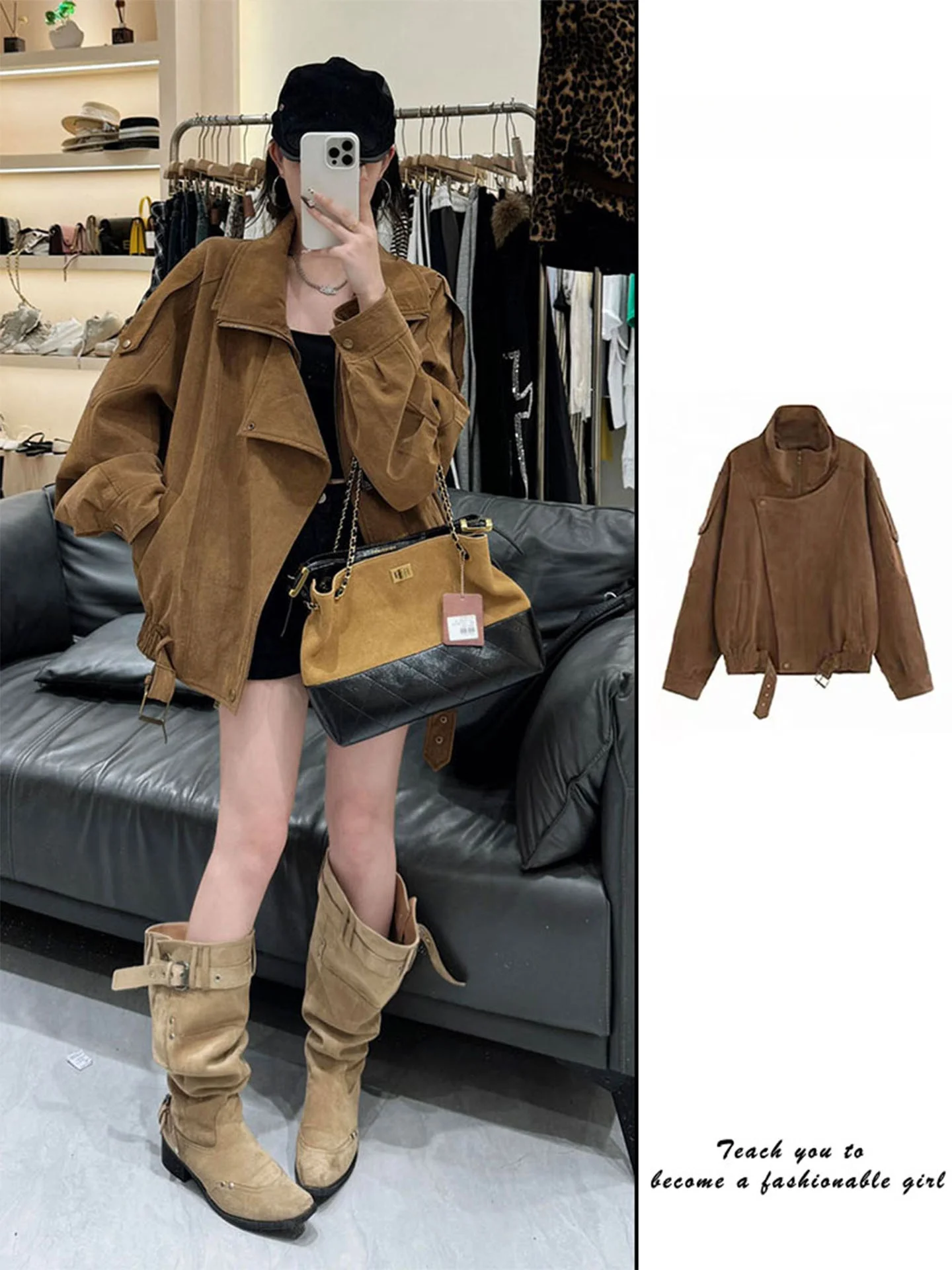 

Ретро-пальто женское из замши, коричневое, весеннее, новая уникальная коллекция, свободный крой, для повседневной носки