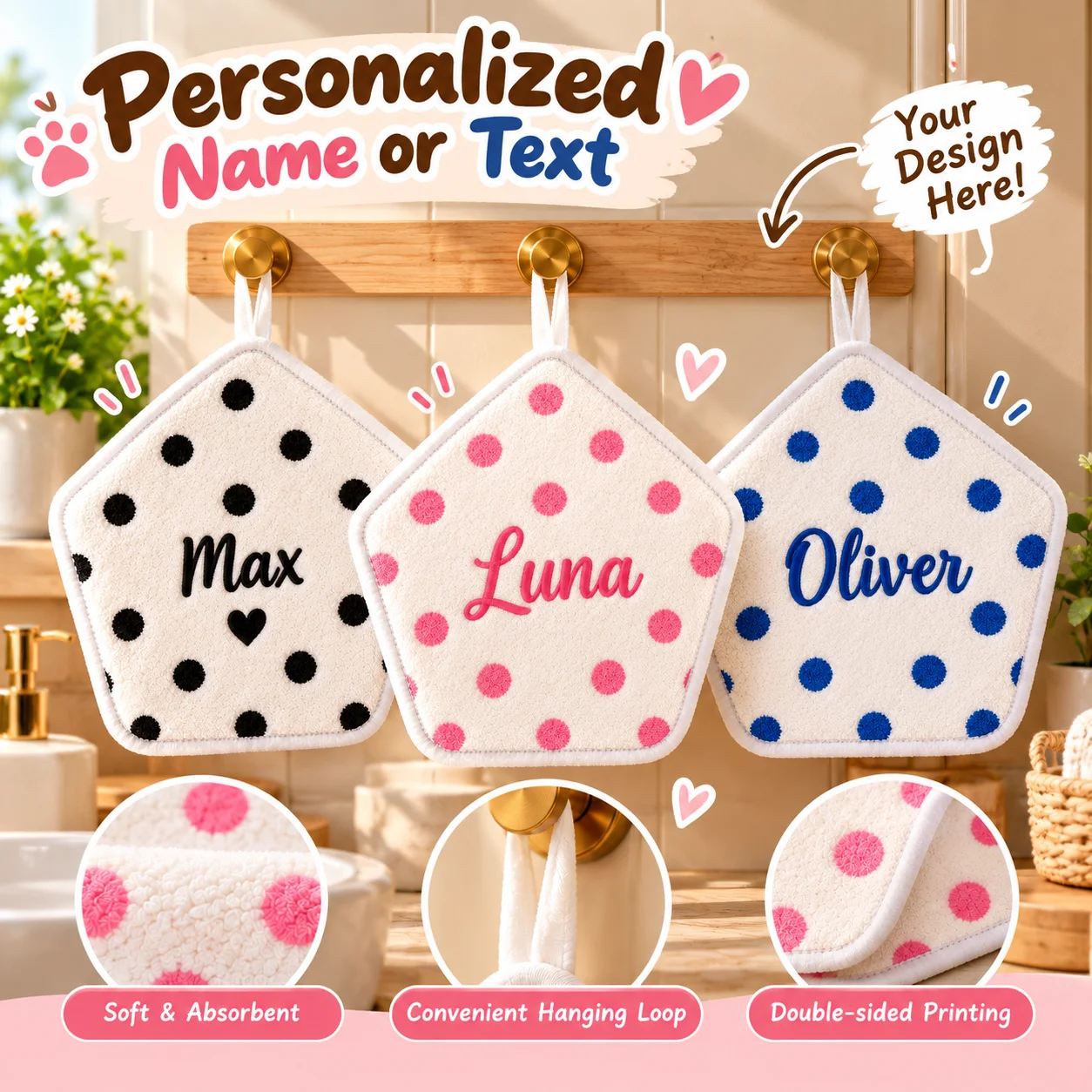 Custom Text Towel Printed Hanging Hand Towels Quick‑Dry Odor‑Resistant Absorbent Wipe Towel for Bathroom Kitchen Household Daily