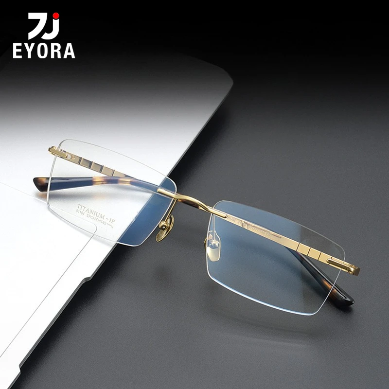 

EYORA Business Pure Titanium Rimless Square Reading Glasses Anti Blue Ray Myopia and Hyperopia Photochromic Prescription Eyewear