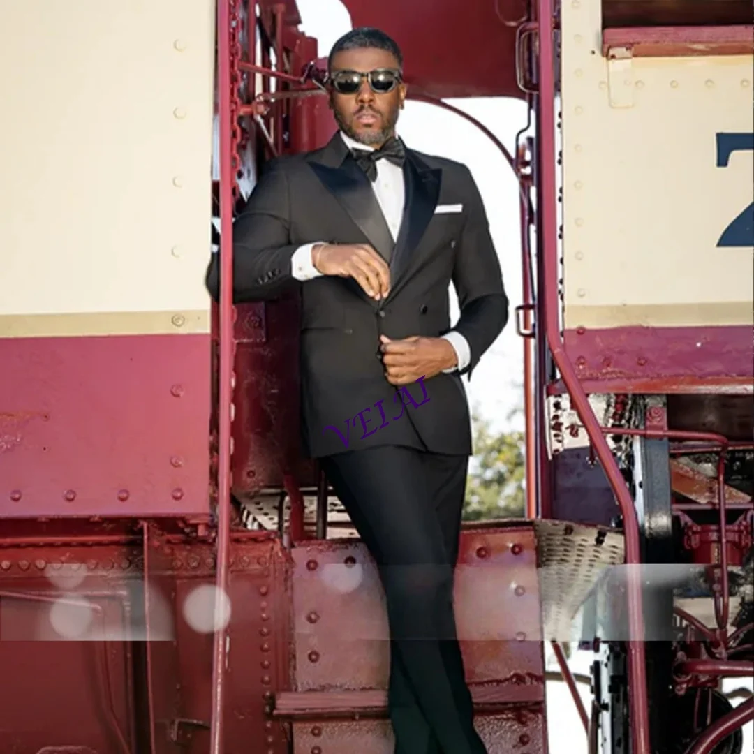 

Premium Men's Black Suit 2 piece Set Peak Lapel Double Breast Blazer Pants Outfit for Wedding Grooms Prom Custom Dres Customized