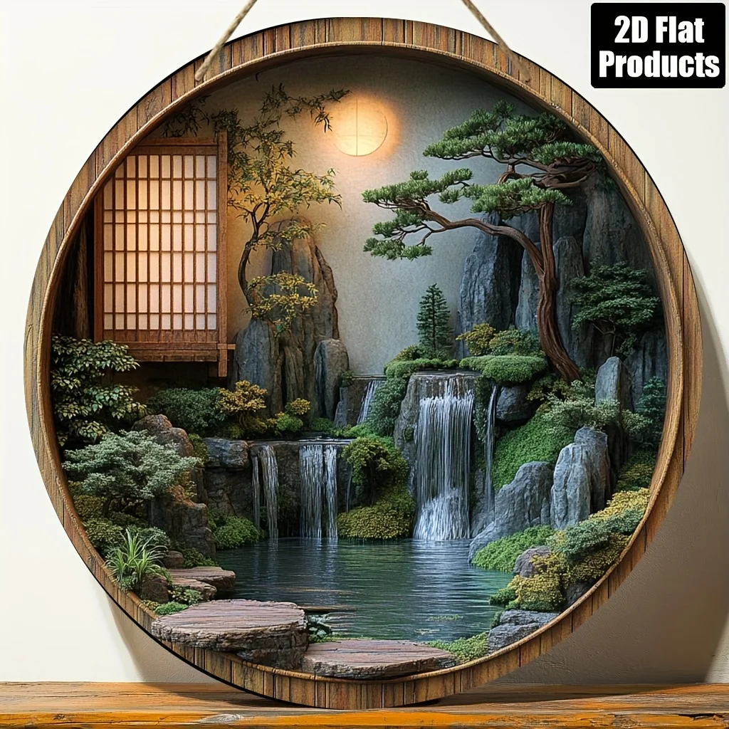 2D Flat, Round Wooden Decorative Sign, Japanese Zen Garden Water Feature Theme, Suitable for Bar Kitchen Cafe Home Room Office D