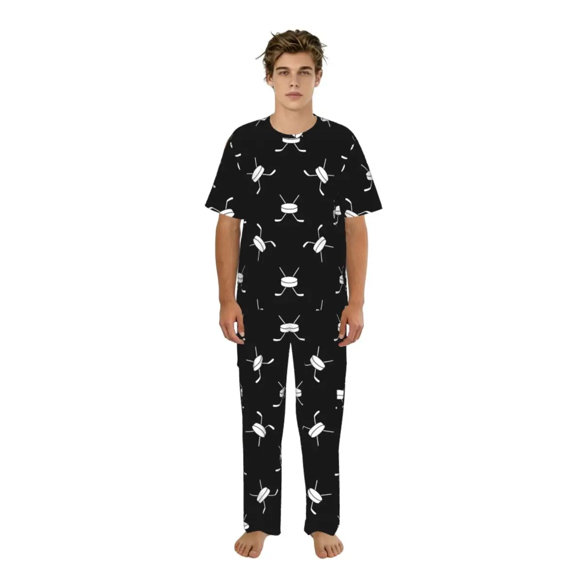 Men Pajamas Set Hockey Stick And Puck Pattern Short Sleeve Spring Summer Lounge Sleepwear Male Nightwear