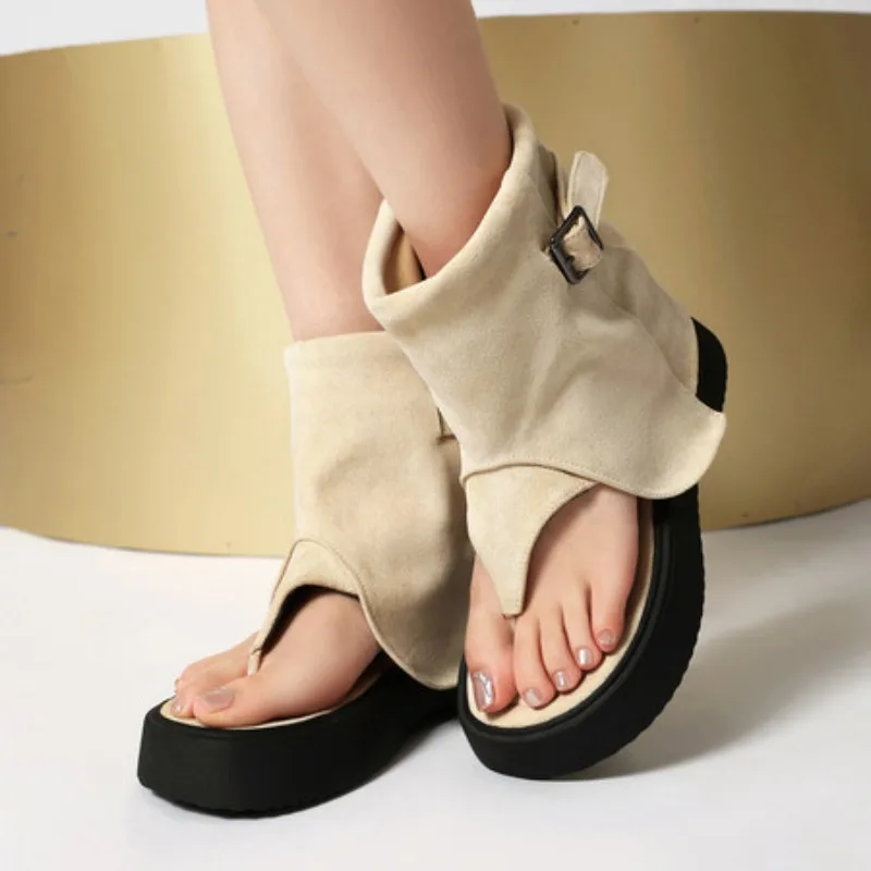 

2025 Fashion Female Sandals Clip Toe Thick Heels 4.5cm Platform Flock Suede Belt Buckle Big Size 43 44 45 Daily Shoes