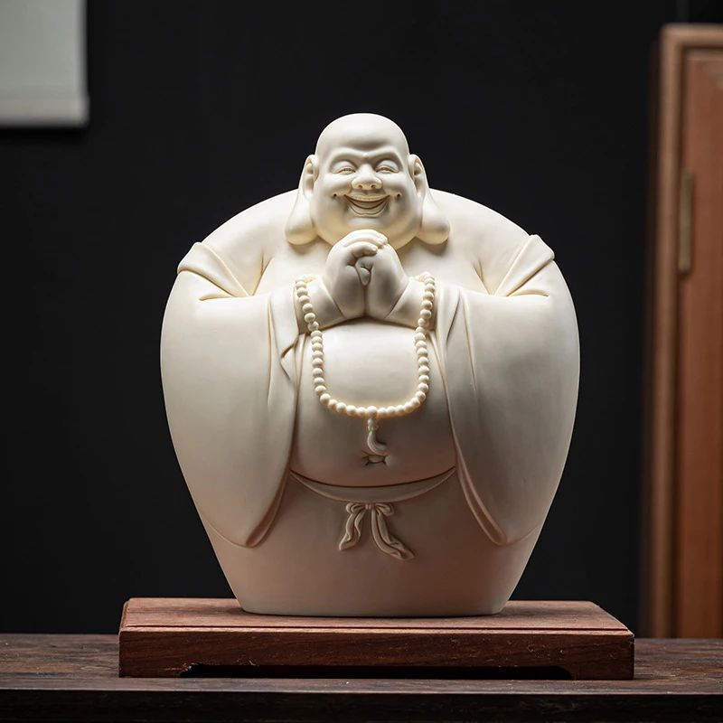 Ceramic Figurine, White Porcelain Fortune-Bringing Laughing Buddha Ornament, Opening Gift, Living Room And Offic