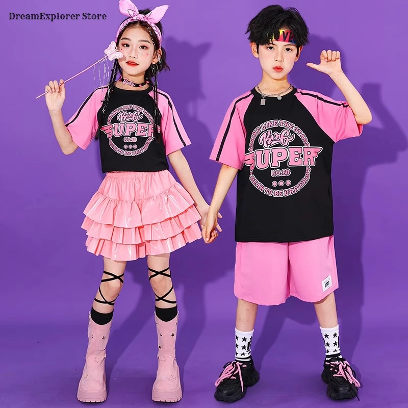 

Укороченный топ K-pop для девочек, многоуровневая юбка ярких цветов, футболка в стиле хип-хоп для мальчиков, шорты для уличных танцев, детская уличная одежда, комплект детской джазовой одежды