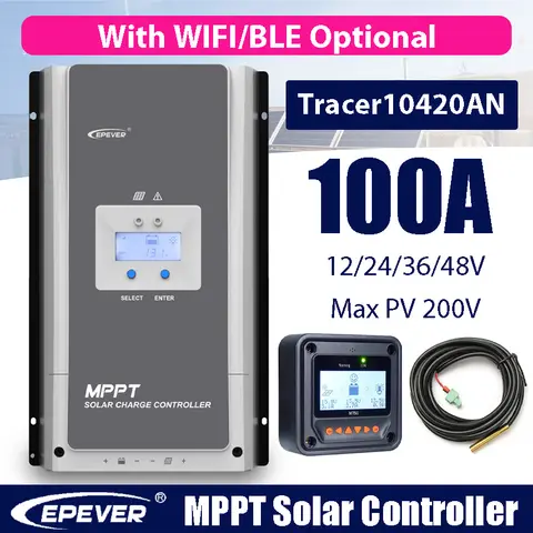100A MPPT 태양광 충전 컨트롤러 배터리 12/24/36/48Vdc 최대 태양광 패널 입력 200V, MT52 원격 미터 센서 EPEVER 10420AN Best5