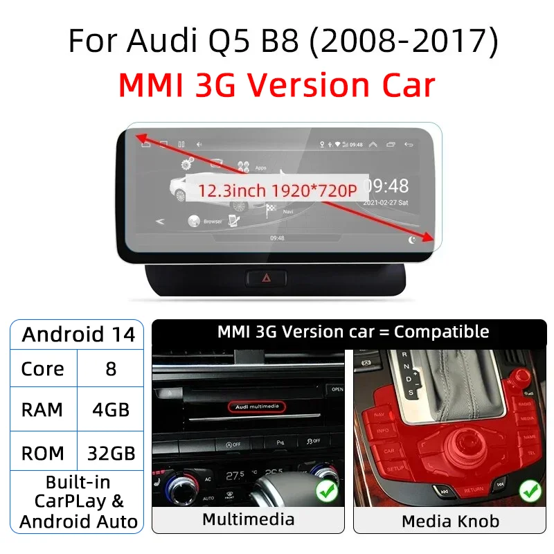 12,3 Android 14 System Auto Radio Stereo Für Audi Q5 8R 2008-2017 WiFi 4G LTE 8 + 128GB CarPlay BT IPS Touchscreen GPS