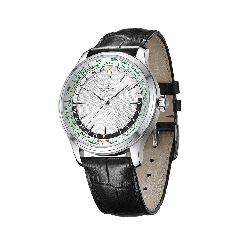Seagull Universal Time Automatic Mechanical Watch for Men Luxury Multi Time Zone Wristwatch Stainless Steel Top Men Watch 1084