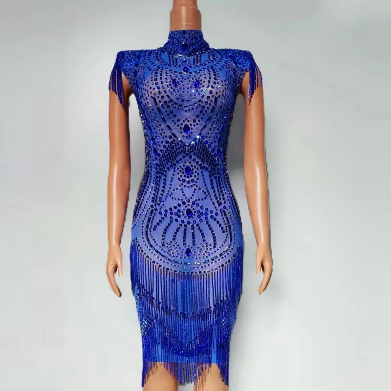 Robe à franges en strass pour femmes, Costume de Jazz, Bar, discothèque, tenue de soirée, vêtements de Festival sur scène
