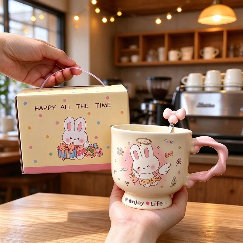 Cute Cartoon Rabbit Ceramic Mug 350ml Wavy Pink Handle Coffee Cup with Bow Spoon Gift Box Set Breakfast Milk Cup Birthday Gift