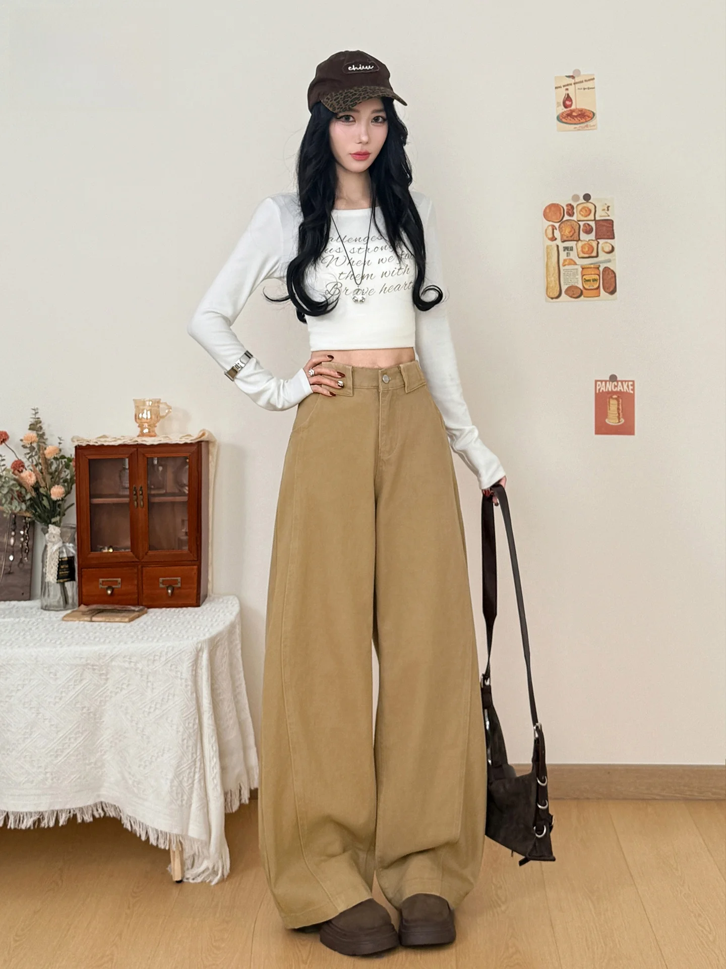 

Женские джинсы цвета хаки с высокой талией, свободного кроя, с эффектом похудения, летние, модные, в американском стиле, с декоративными швами, брюки-кюлоты