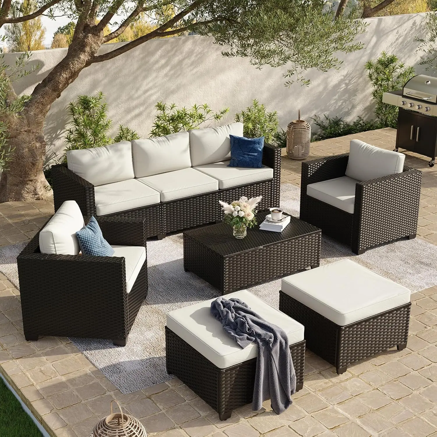 8 Piece Outdoor Patio Furniture Set 7 Seats, Outdoor Sectional with Thick Waterproof Cushions, Patio
