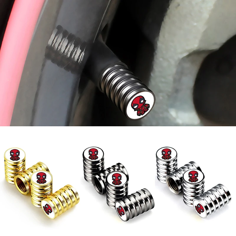 4pcs Marvel Deadpool Alloy Car Wheel Tire Valve Caps Universal Covers for Ford Audi BMW Citroen Dodge Jaguar Hyundai Infiniti