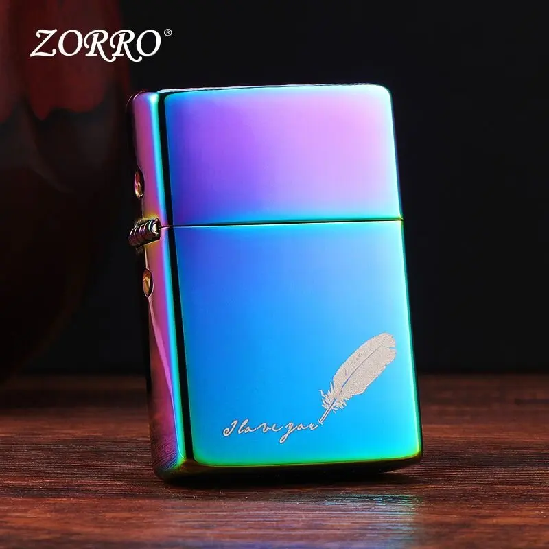 Zorro Windproof Kerosine Lighter Rainbow Feather Carving High Value Grinding Wheel Brass Lighter Retro Creative Gift
