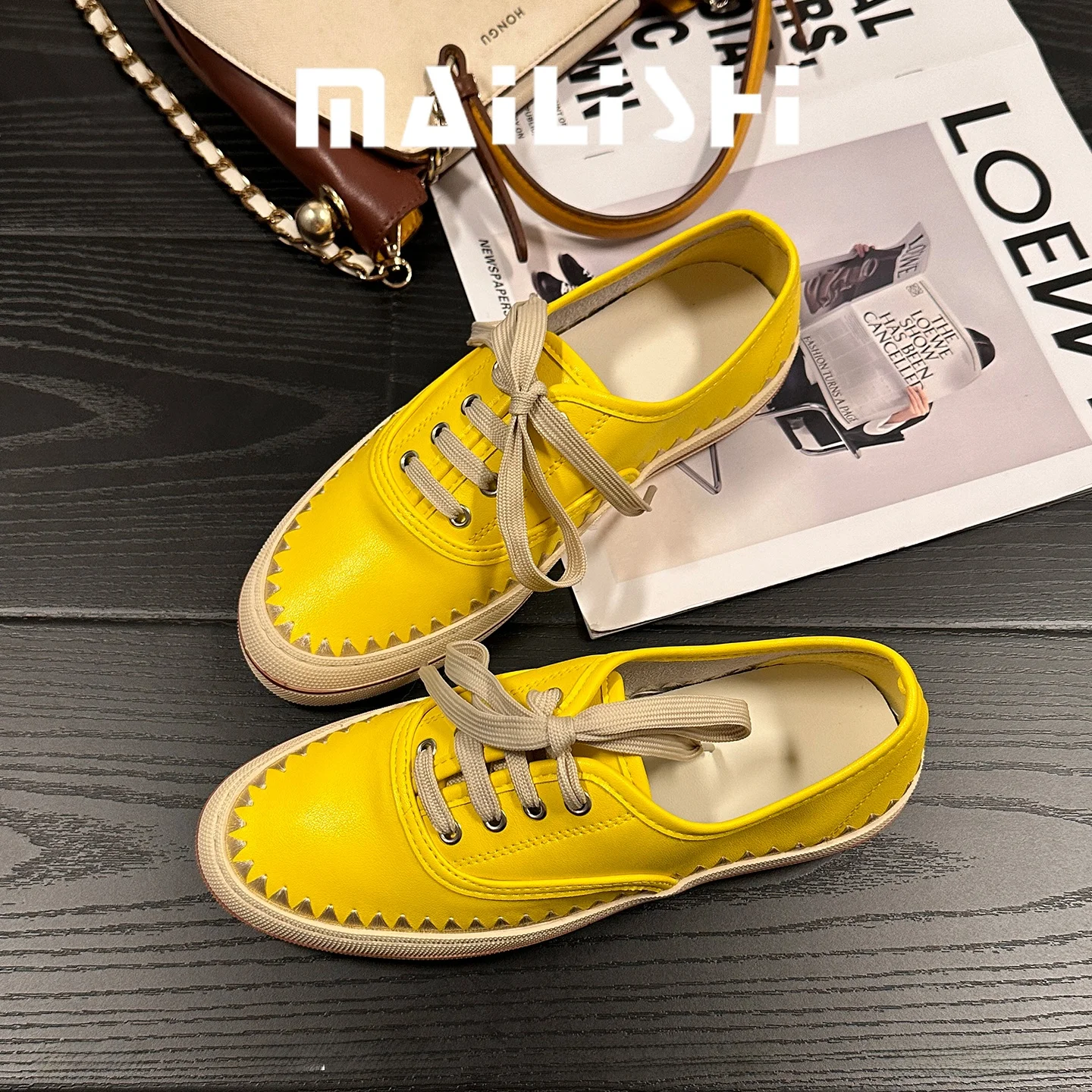 dopamine-yellow-thick-bottom-retro-loafers-women's-commuter-lace-up-round-head-soft-bottom-casual-student-lazy-fisherman-shoes