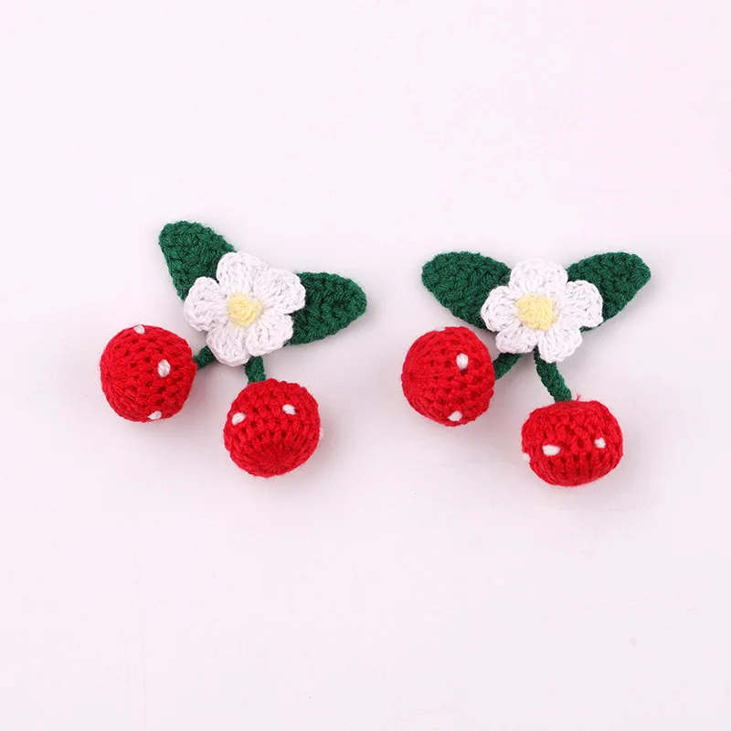 1Pcs Knitting Cherry 100% Handmade Cotton Crochet Cherry Pet Collar Brooch Pin Clothes Sweater Canvas Bag Decoration Accessories