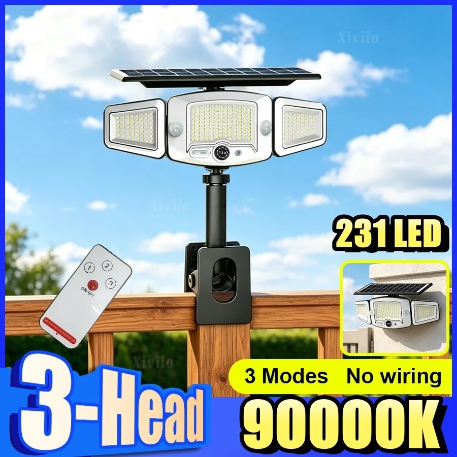 90000K Movable Solar Light Adjustment of 3 Heads for 360° Shadow‑Free Lighting 231LED Security Flood Lamp For Garden Patio Yard