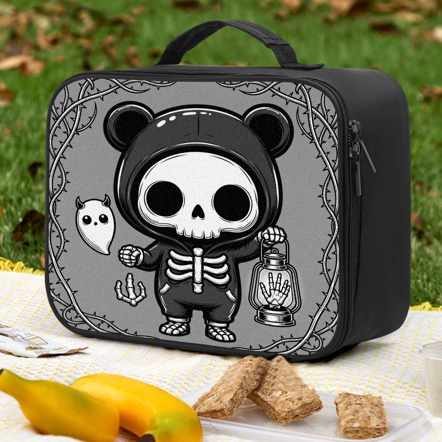 Zippered Lunch Bag Black Gothic Skeleton Bear Skull Ghost Lantern Thorn Vine Cute Reusable Portable Picnic Outdoor