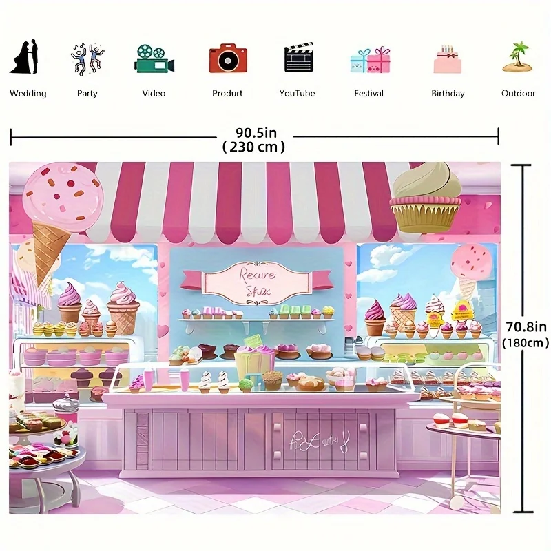 Ice cream shop background, summer pink sweet candy princess girl shower, birthday photography background, donuts