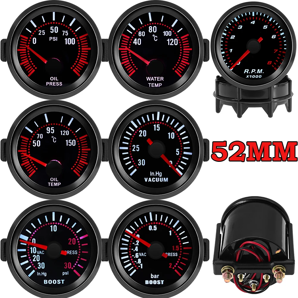 Universal Car 52mm Smoke Len Tachometer RPM Turbo Boost Gauge Bar Vacuum Water Temp Meter Oil Pressure Gauge For 12V Gasoline