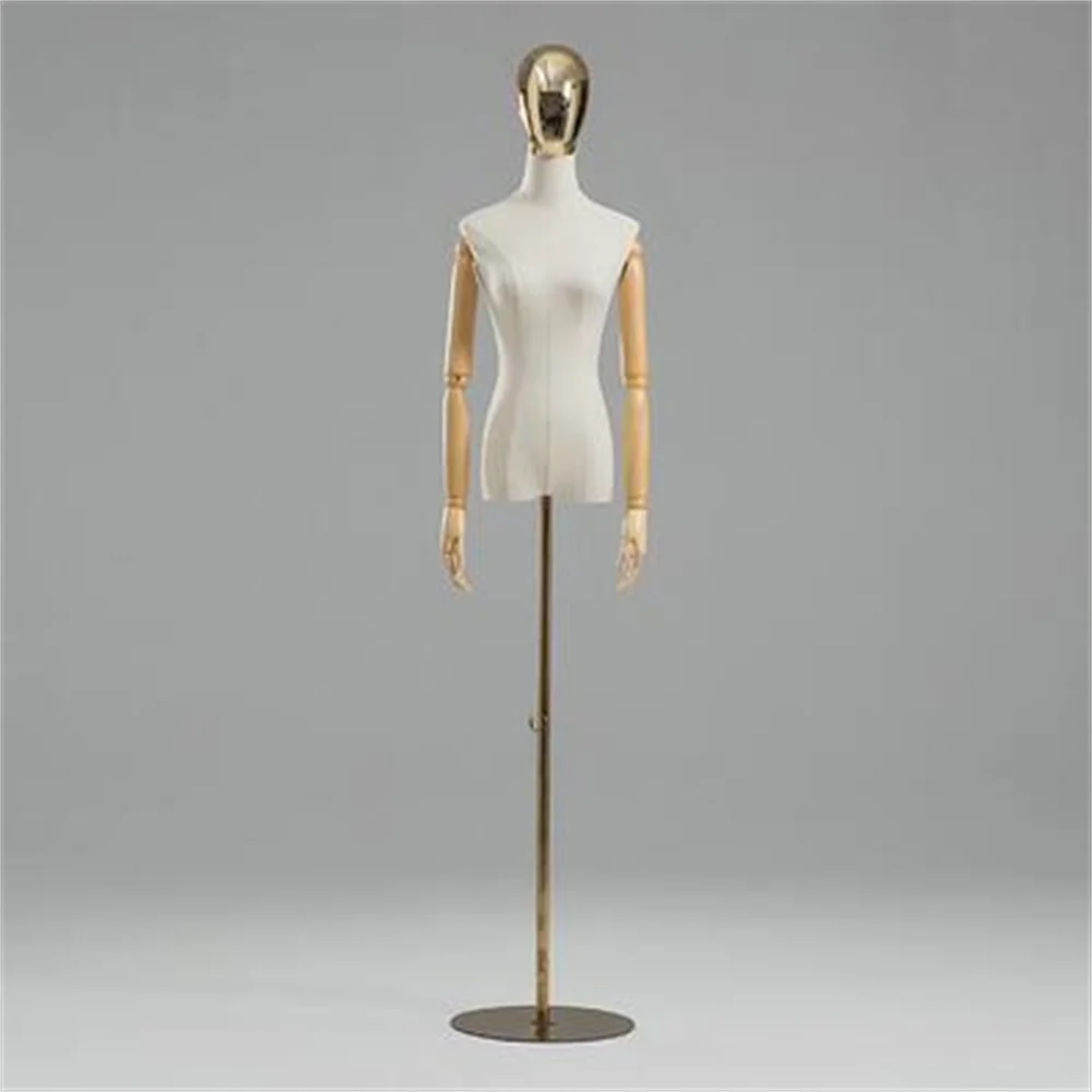 Female Head Half Mannequin Body Metal Base for Wedding Cloting Display Dress,Adjustable Rack,4Style Wooden Arm Fabric Cover,C01