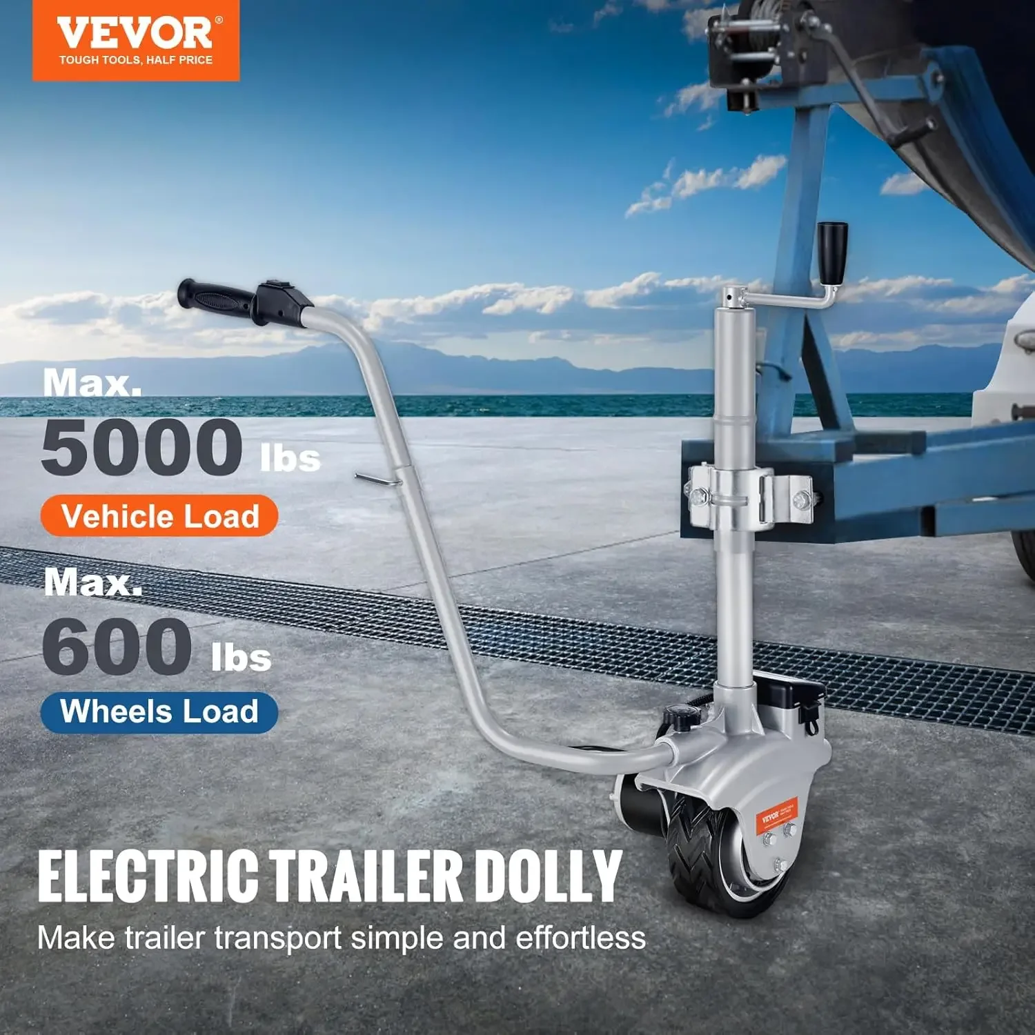 Electric Trailer Dolly, 5000lbs, 350W, 12V, 22 ft/min Moving Speed, 12''-24.8'' Adjustable Clamp Height & 8'' Rubber Tire