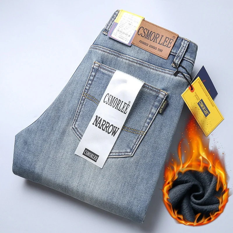 

Winter Warm Fleece-Lined Thick Jeans Men's High-End Retro Slim Straight Casual All-Match Cold-Proof Pants