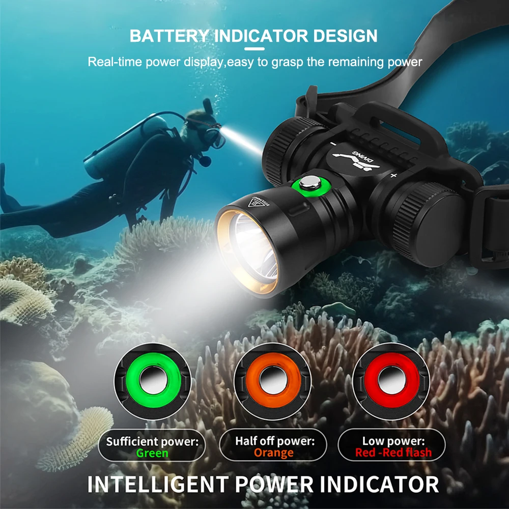 Asafee 60M Diving Headlamp Underwater L2 LED 1000LM IPX8 Waterproof 56° Angle Light Wearable On Hand Headlight Underwater Search