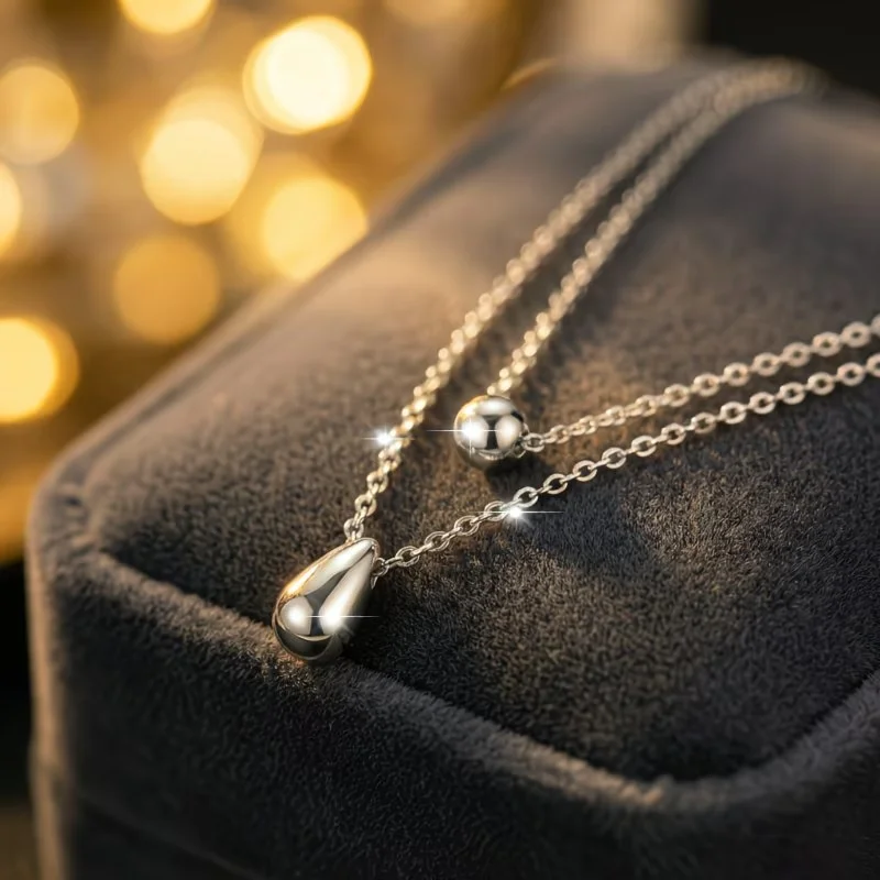 1pc Double Layer Bead Teardrop Pendant Necklace Stainless Steel Minimalist Style Layered Jewelry for Parties Dates Vacations & W