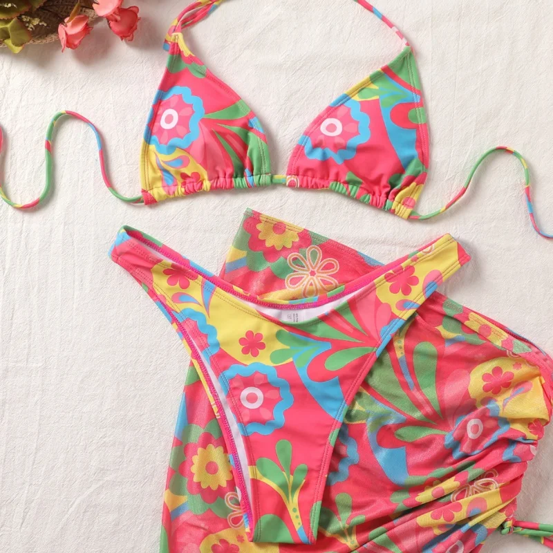 New Floral Triangle Cup Print Tie Sexy Bikini Three-Piece Swimsuit
