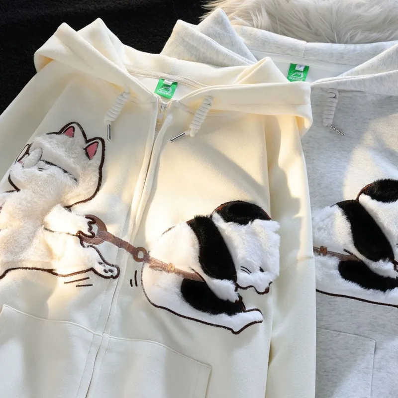 Kawaii Animal Plush Cat Embroidered Sweatshirt Zip Up Hooded Sweater For Men Women Cute Cardigan Hoodie Yk2 Harajuku Jacket Top