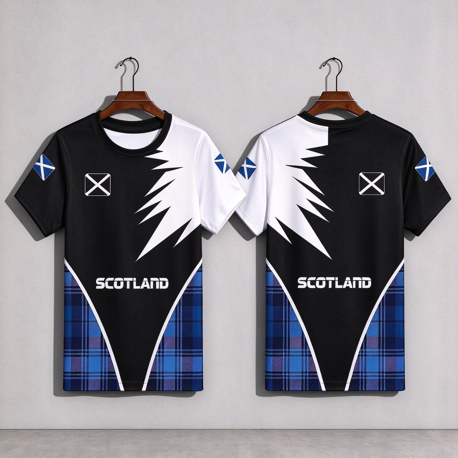 Scotland Football Fan Short Sleeve Jersey, Contrast & Plaid Combined Print, Breathable Sweat Wicking Training Tee Unisex
