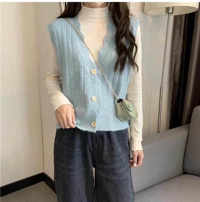 2021 Spring Autumn Korean Fashion Lace V-neck College Women's Knitted Vest  Girls  Students Leisure Time Outdoors Purple