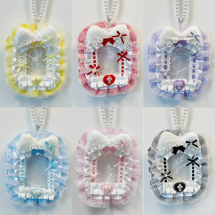 Handgemachter Fotokartenhalter bunte Katzenohren, karierte Spitzenvolant Schleife, 3-Zoll PVC Tasche, Perlenkette, dekorative Hülle Idol Anime Karten Lolita-Stil Fan Sammelartikel