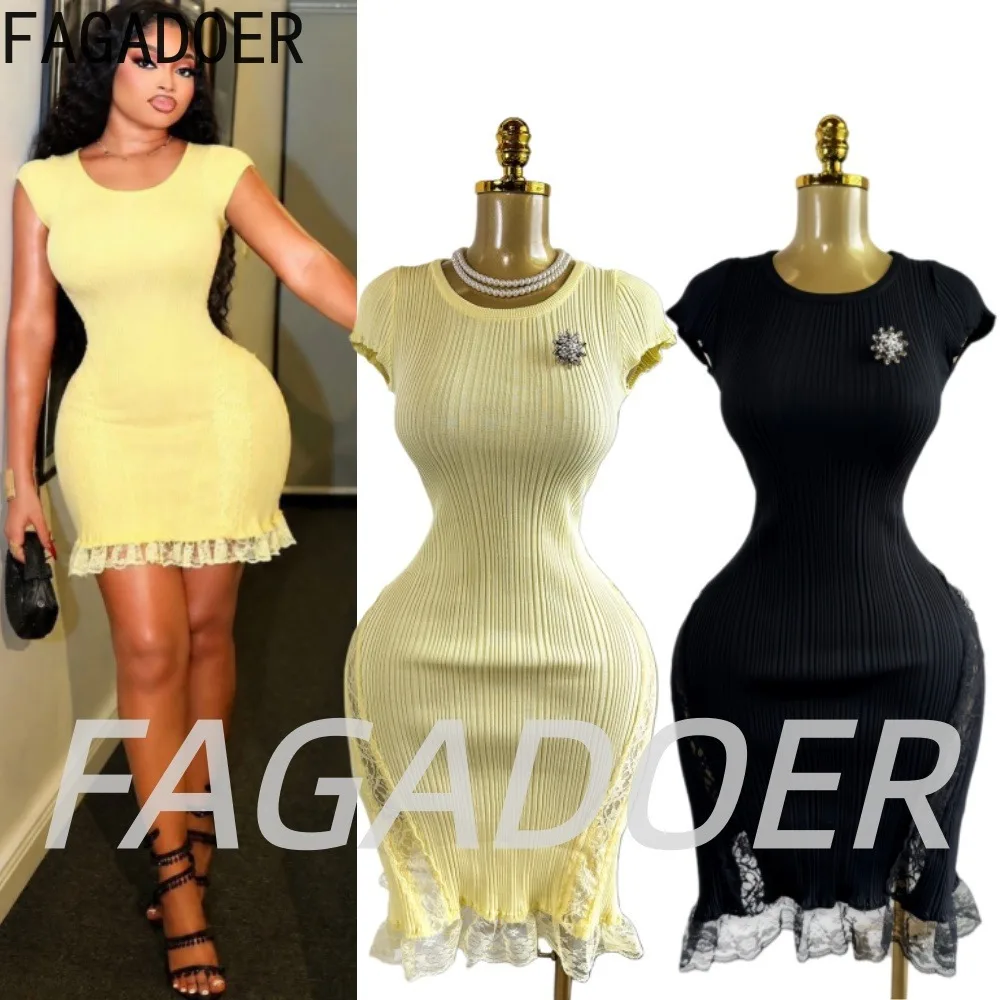 FAGADOER Women Elegant Ribbed Knit Bodycon Mini Dress Fashion Cap Sleeves Round Neck Hem Lace Patchwork Dresses Party Vestidos