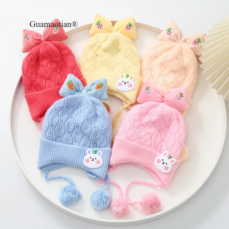 Winter Cute Warm Knitted Baby Hat Kids Ear Protection Caps with Bow Pink Cartoon Bunny Beanie Hat for Girls 0-12M