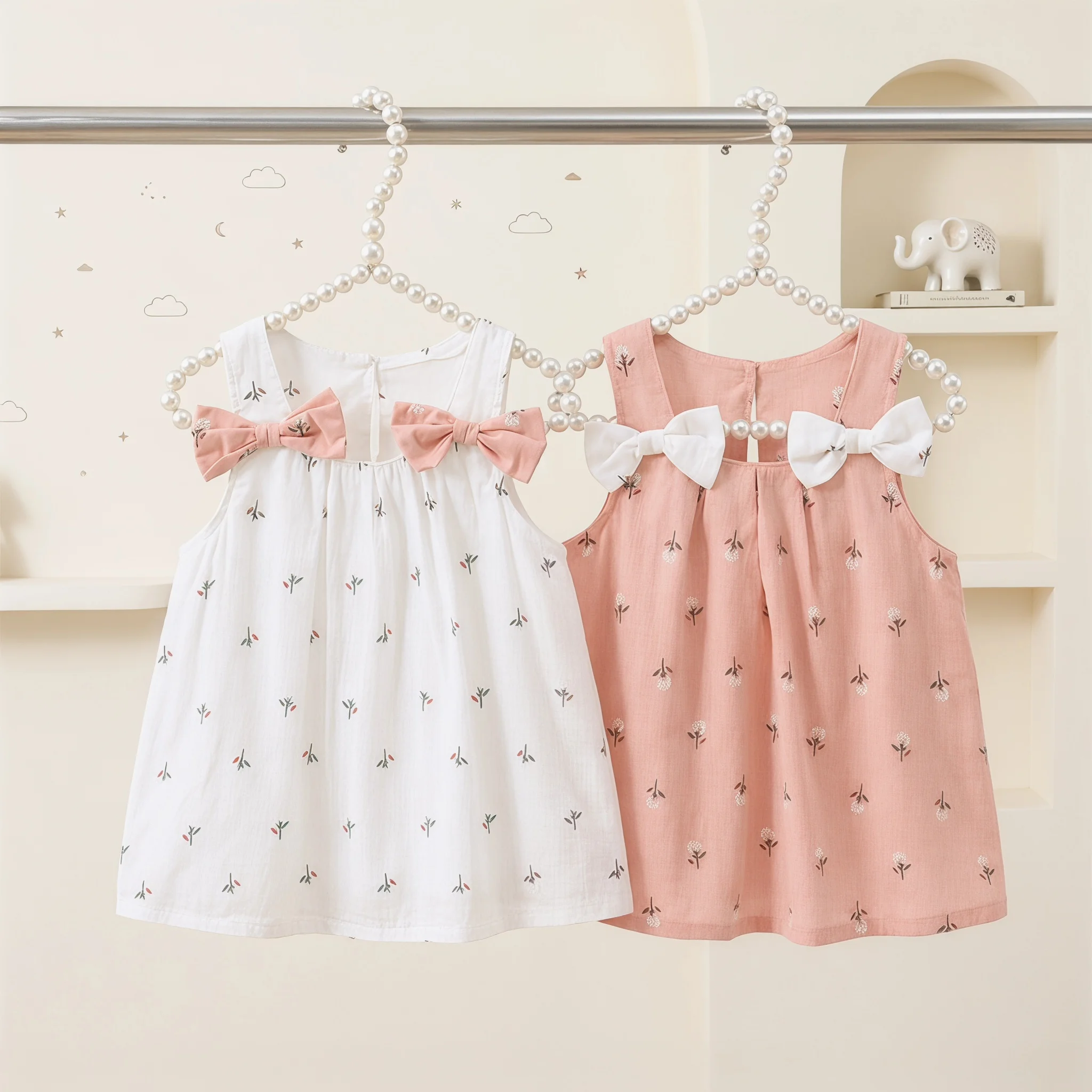 Summer Simple Solid Color Flower Baby Girl Dress Sleeveless Bowknot Children's Clothes Thin Breathable 0 To 3 Years Old Toddler