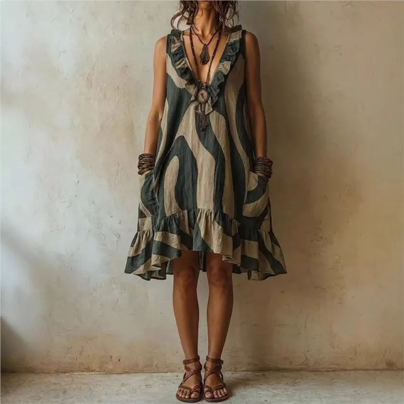 

Summer Fashion New Sexy V Neck Ruffles Print Mini Dresses Women Vintage Sleeveless Pocket Pullover Beach Loose Vacation Dress